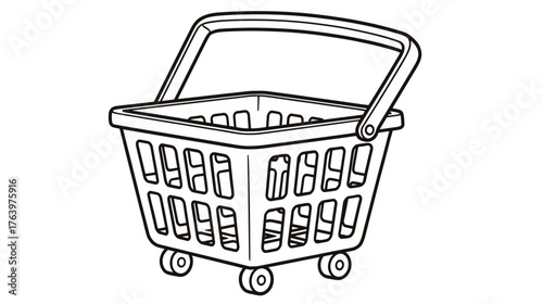 Empty shopping basket with wheels drawn in outline style  