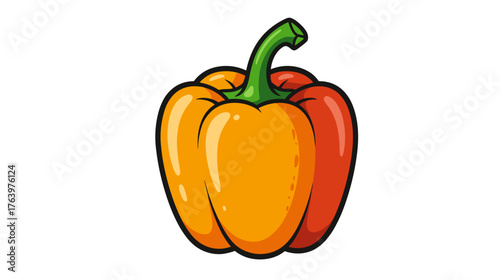 Orange and red bell pepper with green stem on white background  