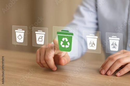 Innovative Waste Management: A Person Interacting with Digital Recycling Symbols in an Environmentally Friendly Setup