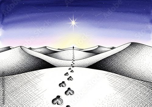 Man walking in desert following guiding star toward horizon. Journey and spiritual quest during Epiphany or Three Kings' Day celebration.