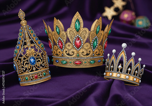 Three ornate regal crowns on a rich purple fabric, symbolizing status and celebration for Día de los Reyes.