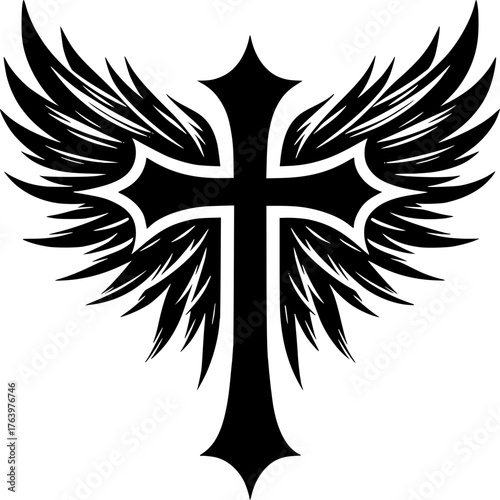 Sacred Wings: An artistic illustration of a cross, adorned with stylized wings, symbolizing faith and spiritual freedom.