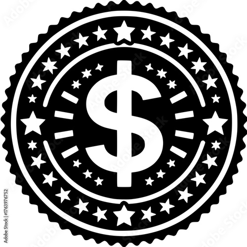 Currency Emblem: A stark, high-contrast currency emblem, depicting a bold dollar sign within a detailed circular design of stars and lines.