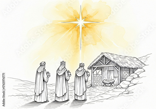 Three wise men following the star to the nativity scene. Epiphany and the journey of the Magi for Día de los Reyes. Religious holiday.