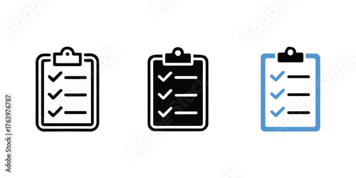 clipboard checklist badges three variations productivity tasks completed simple flat vector icons