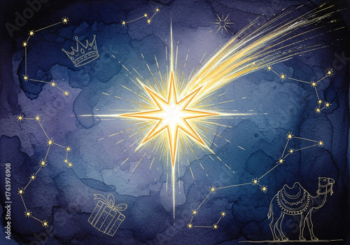 Bright star with comet tail against a watercolor blue sky, surrounded by golden constellation lines, camel, crown, and gift. Spiritual celebration for Epiphany.