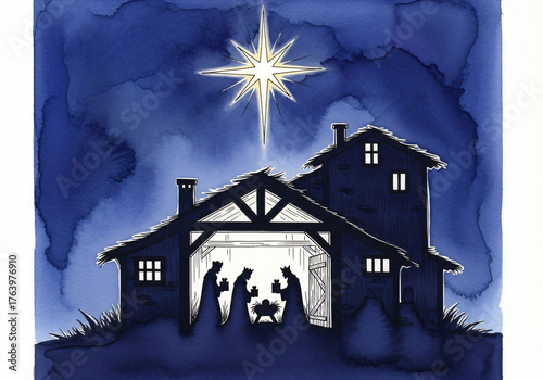Three kings visiting baby Jesus at the manger under a shining star. Religious Christmas and Día de los Reyes concept. Nativity scene illustration for greeting card.