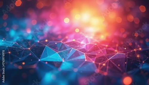 Abstract digital art with vibrant geometric patterns in blue and pink. Network connections with glowing nodes form intricate polygons on a blurred bokeh background. Modern tech and data visualization.