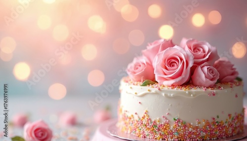 Elegant white cake adorned with pink roses, colorful sprinkles. Dessert features creamy frosting, floral decorations, perfect for birthdays, weddings, celebrations. Sweet treat for special occasion.