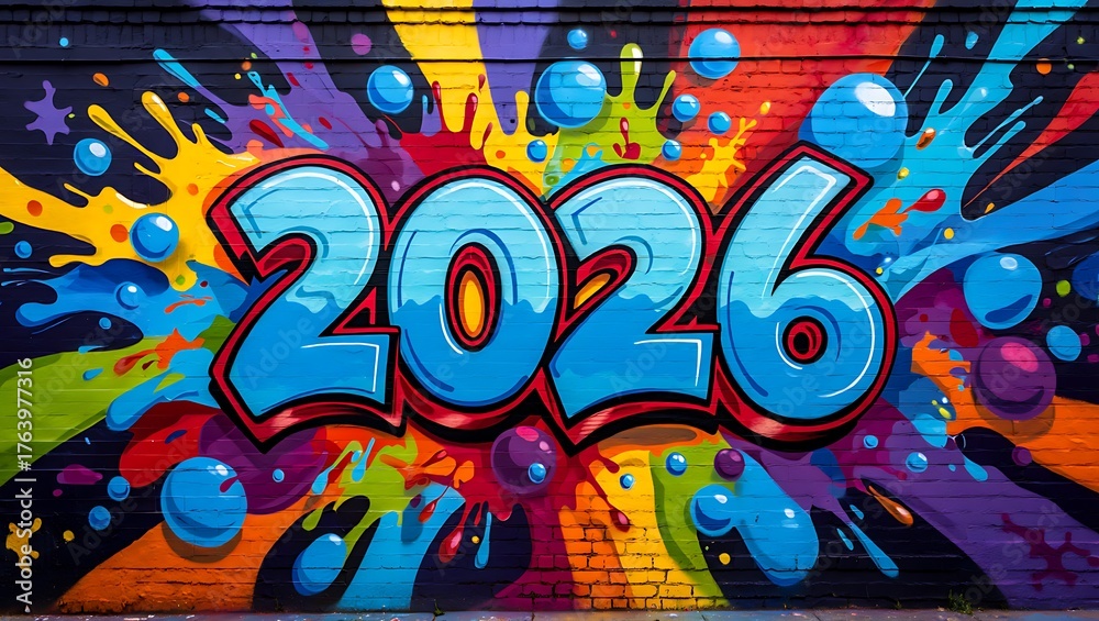 Fototapeta premium Graffiti wall art celebrating the arrival of the year 2026 colorful