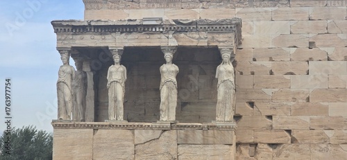 The caryatid porch of the Erechtheion temple, on the Acropolis of Athens, Greece, built between 421 and 406 BC.
