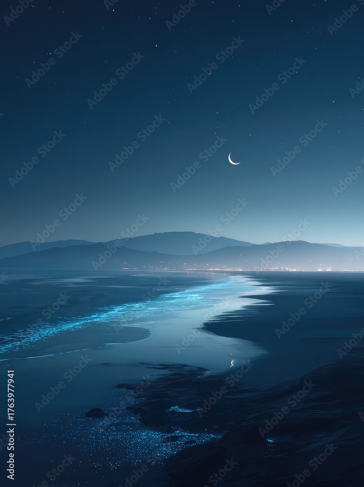 Fototapeta premium Nightscape A crescent moon shines above a glowing bioluminescent river meeting a dark shore
