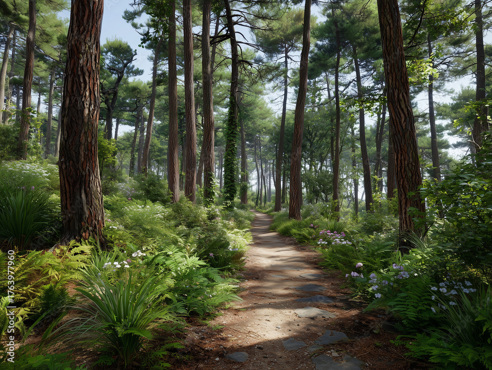 Fototapeta premium Woodland path winding through a serene pine forest