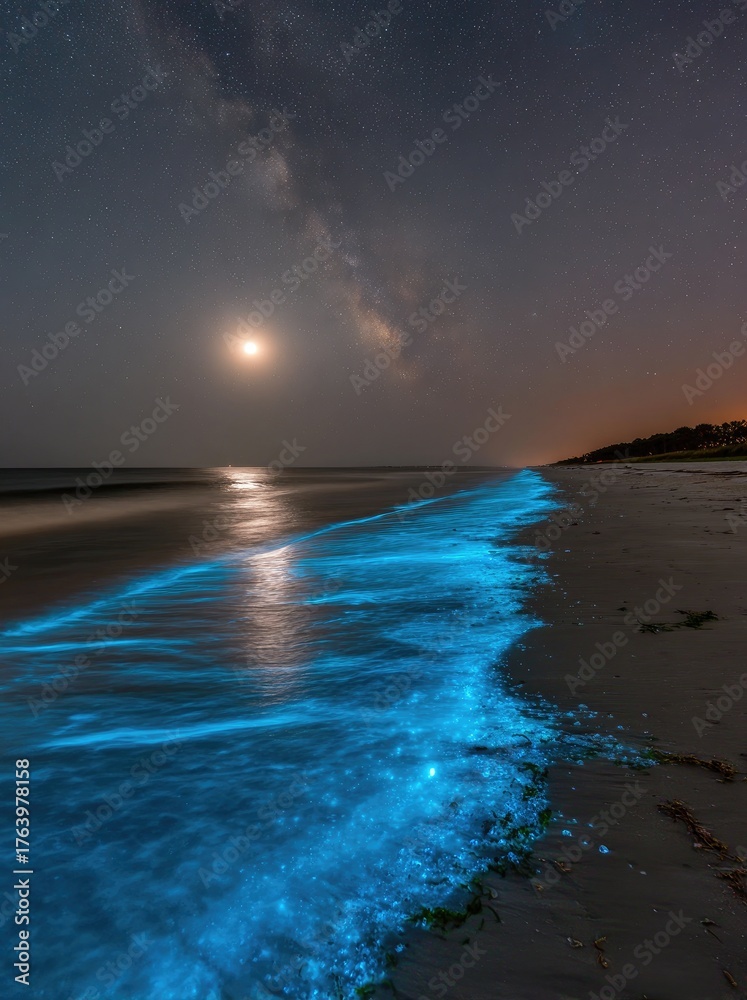 Obraz premium Glowing blue waves illuminate a beach under a starry sky with a bright moon and faint Milky Way