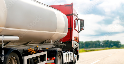Petrol cargo truck lorry tanker driving on highway hauling oil products.Fuel delivery transportation,logistics distribution. Compressed gas carrier.Cargo industry