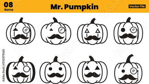 Unique Halloween pumpkin illustration set featuring eight cartoon pumpkins with monocles, mustaches, and quirky gentleman expressions