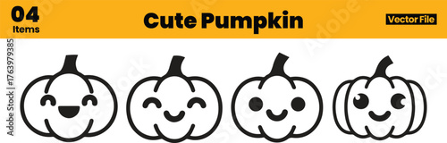 Adorable Halloween pumpkin illustration set featuring four cartoon pumpkins with expressive faces, happy, winking, smiling, and neutral