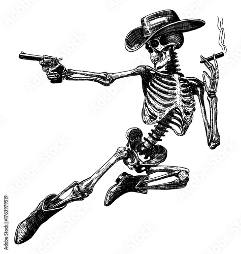 skeleton cowboy isolated hand drawn sketch classic wide-brimmed western hat cowboy boots holding revolver cigarette in hand wild west halloween card design element line art detailed illustration