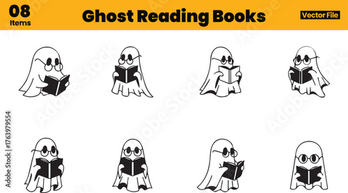 Playful Halloween ghost illustrations featuring eight cartoon spirits reading books with glasses, blending spooky fun with educational themes