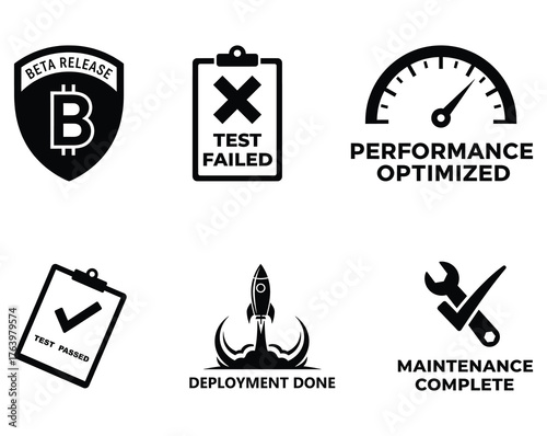 Set of software development icons, collection of testing, performance, and deployment symbols, for project management, isolated vector.