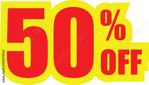 50 percent off sale sticker on white background | Fifty percent off sale sticker on white backgroundred text on yellow background promotional vector graphic for sales and retail and advertising
