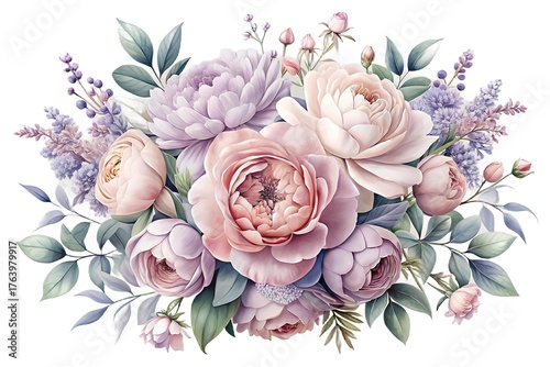 Fototapeta Naklejka Na Ścianę i Meble -  Square composition of delicate roses, peonies, and lavender, no background