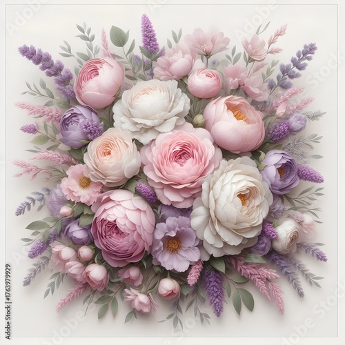 Square composition of delicate roses, peonies, and lavender, no background