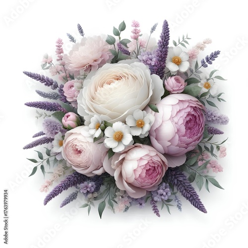 Square composition of delicate roses, peonies, and lavender, no background