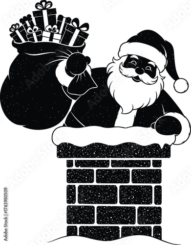 Santa claus emerging from a brick chimney with a sack full of presents