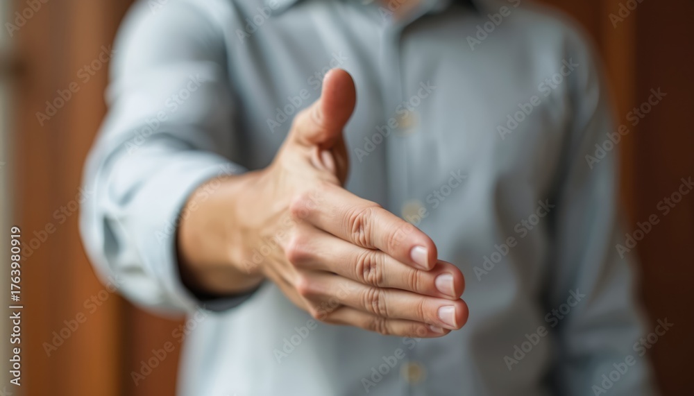 Obraz premium Pro closeup of a hand extended for a handshake. A business gesture of greeting and agreement. Represents partnership, welcome, and connection between people in pro settings.
