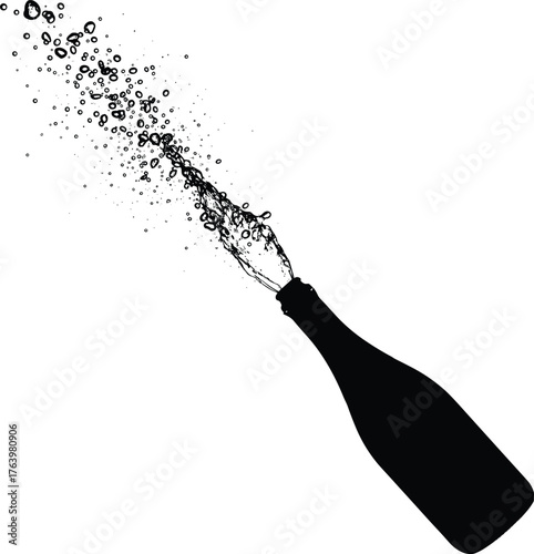 Silhouette of a bottle exploding with a burst of dark particles against a white background
