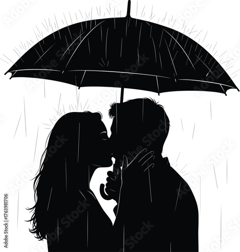 Silhouette of a loving couple sharing a passionate kiss under a black umbrella during a rain shower