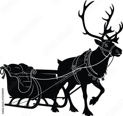 Silhouette of a majestic reindeer pulling a sleigh filled with gifts on a white background