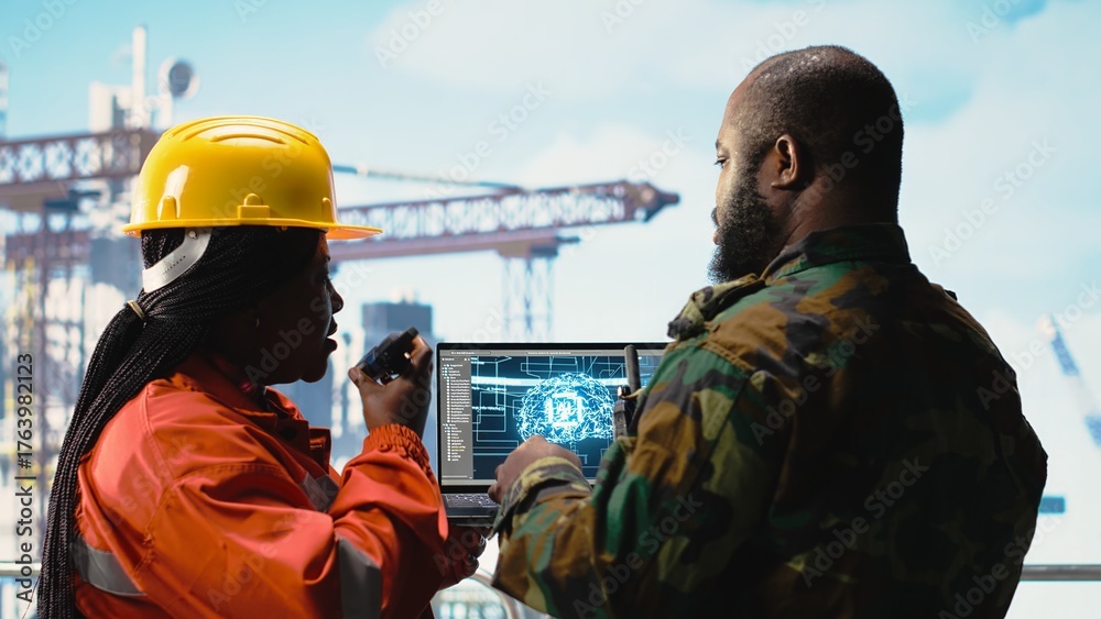 Fototapeta premium Military unit on offshore rig using artificial intelligence automated counter terrorism systems. Soldier provides protection to drilling barge using AI neural network surveillance systems