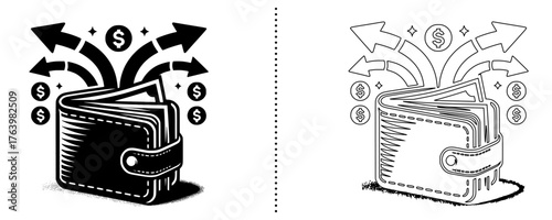Detailed vector illustration of a wallet with money and currency symbols, showing financial growth, savings, and expenses in solid and outline styles for business and banking concepts.