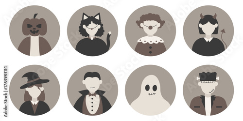 Minimal Halloween character icons collection. Monochrome spooky avatars and flat portraits for app interface and web design.