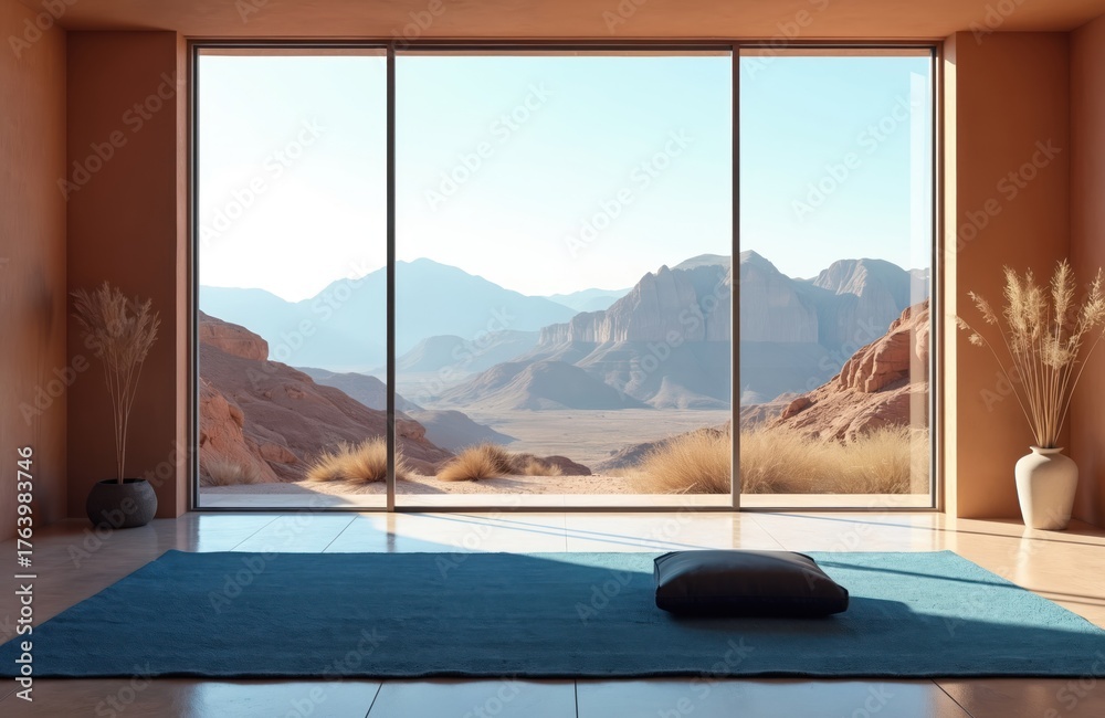 Fototapeta premium Minimalist desert room interior with floor-to-ceiling windows displaying grand mountain views. Blue rug on concrete floor, beige walls create calm, serene, peaceful atmosphere. Natural light fills
