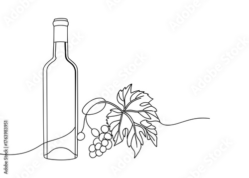Outline of wine bottle with grapevine and leaves illustration  