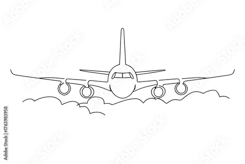 Passenger plane flying above clouds in simplistic line art style  