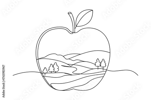 Line art apple with landscape and trees inside illustration  