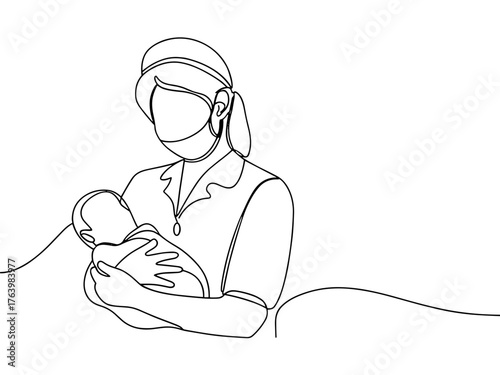 Caregiver holding a baby in a minimalist line art style  