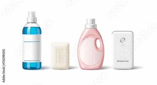Assortment of cleaning supplies including liquid soap, bar soap, and decarbonizer product on white