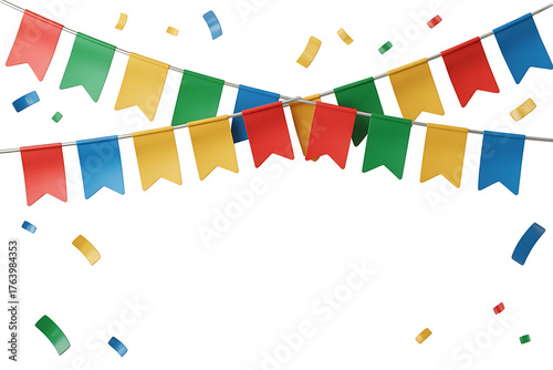 Colorful pennant banners and confetti create a festive, celebratory, joyful atmosphere.