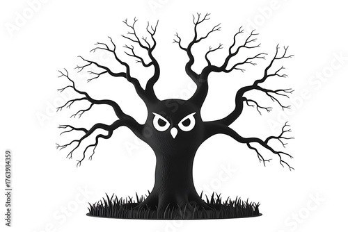 Stylized tree silhouette forms an owl's face, conveying mystery and a sense of watchful presence.
