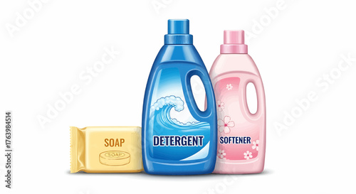 Laundry essentials featuring bar soap detergent and fabric softener on a white background studio shot