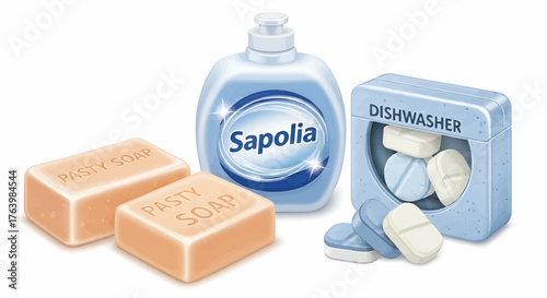 Assortment of cleaning products including sapolia liquid soap pasty soap and dishwasher tablets in container