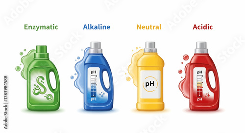 Illustration showing enzymatic alkaline neutral and acidic detergent bottles with ph indicators