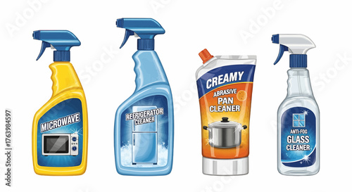 Illustration of four different cleaning products for microwave refrigerator pan and glass surfaces