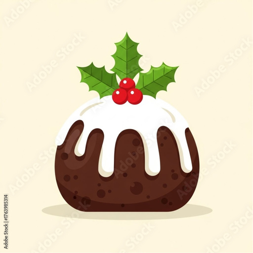 An enticing close-up of a festive Christmas pudding adorned with a vibrant sprig of holly. A visual feast capturing the essence of the holiday season and a celebration of culinary delights.