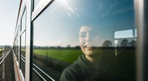 Smiling Woman Looking Out Train Window